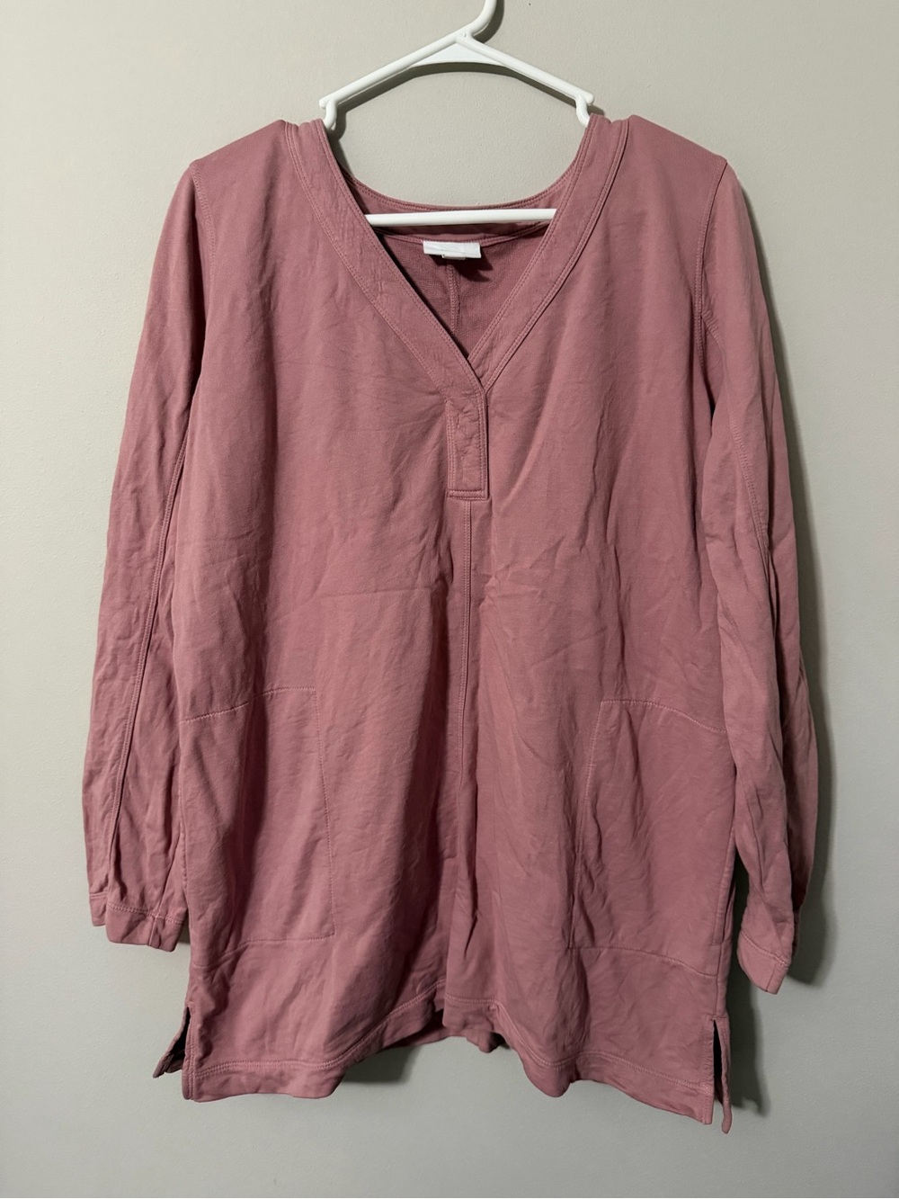 J. Jill Fit Medium Pink V-Neck Tunic Top Long Sleeve 100% Cotton